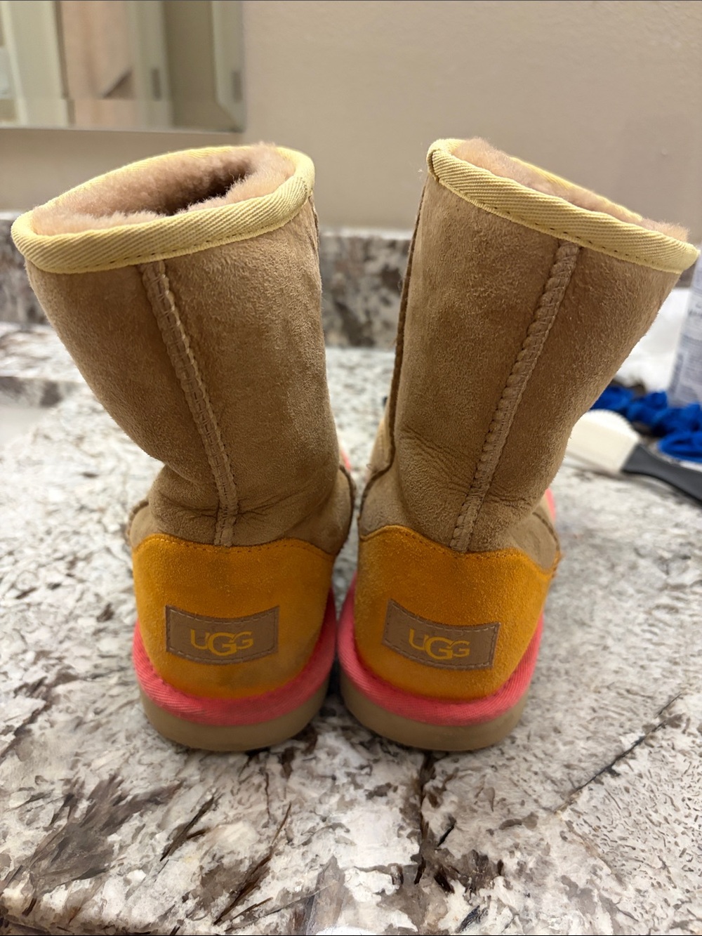 UGG Chestnut Suede Short Boots with Orange Heel and Pink Midsole